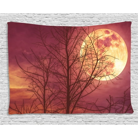Dark Red Tapestry Night Sky Super Moon Behind Silhouette Of Dead