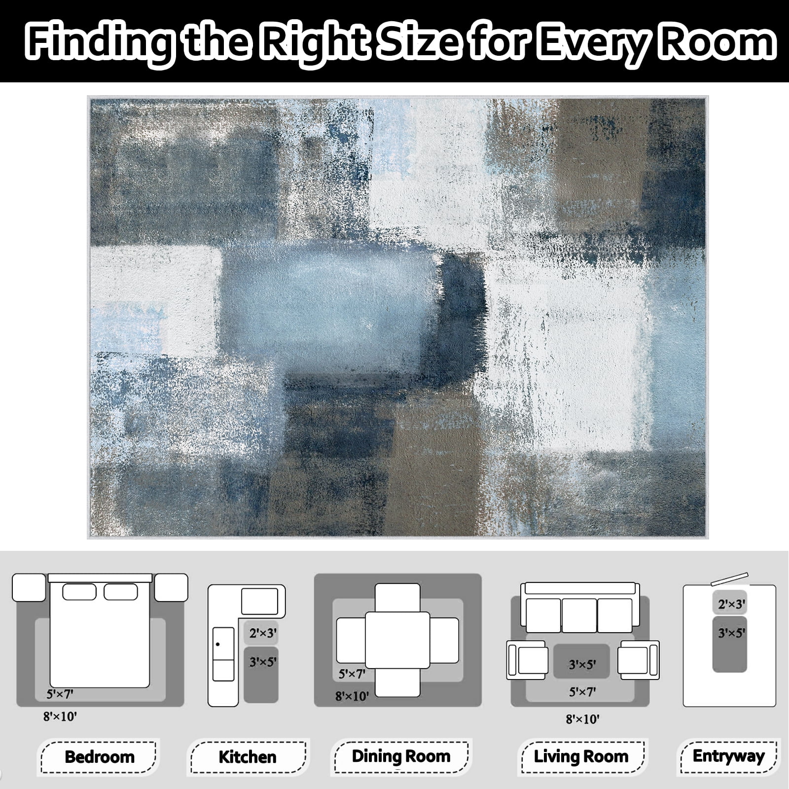 Bleum Cade Modern Abstract Area Rug 5x7,Large Rugs for Living Room, Machine Washable Rug Indoor Rugs for Bedroom, Non-Slip Low-Pile Soft Carpet for Bedroom, Dining Room Office,Blue