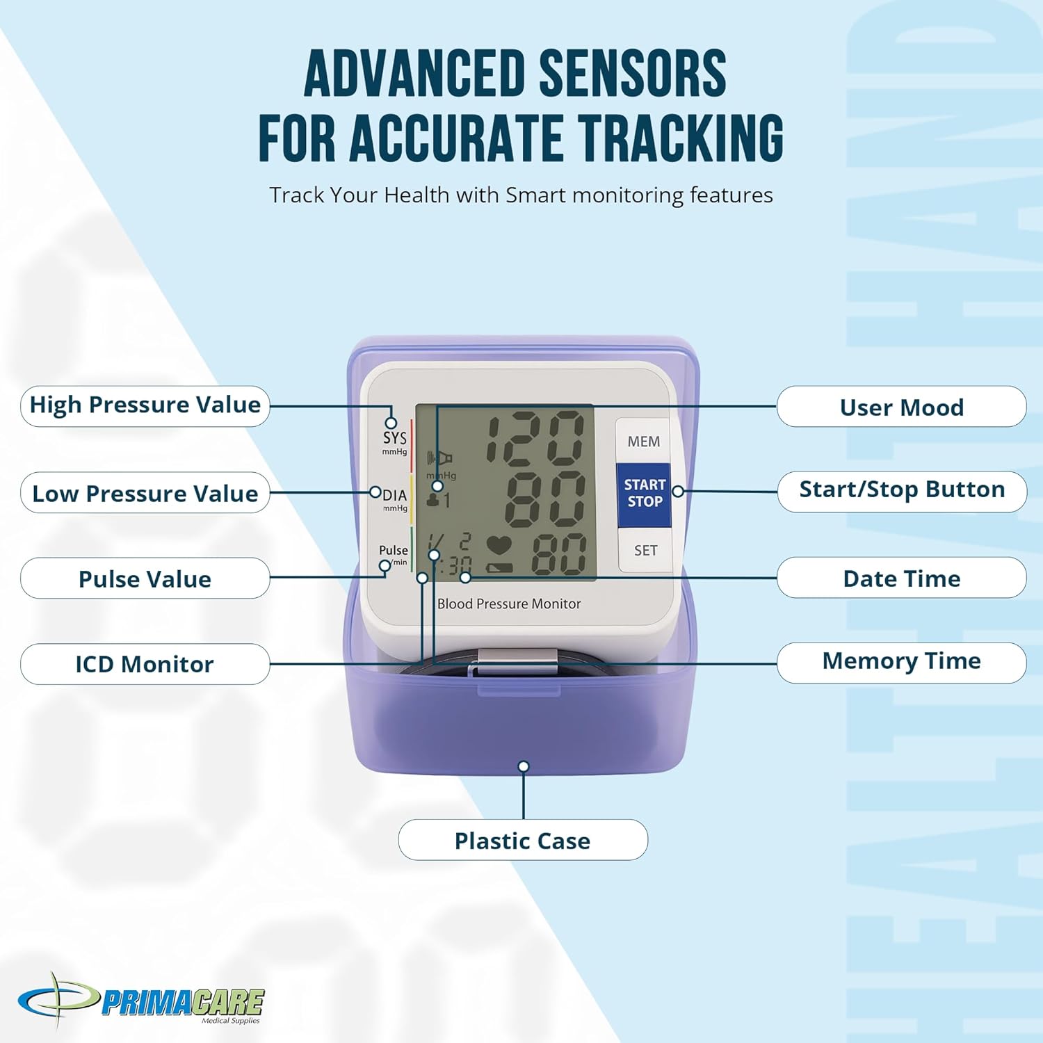 Primacare DS-8006 Wrist Blood Pressure Monitor with Case, Battery Operated, 2x90 Memory