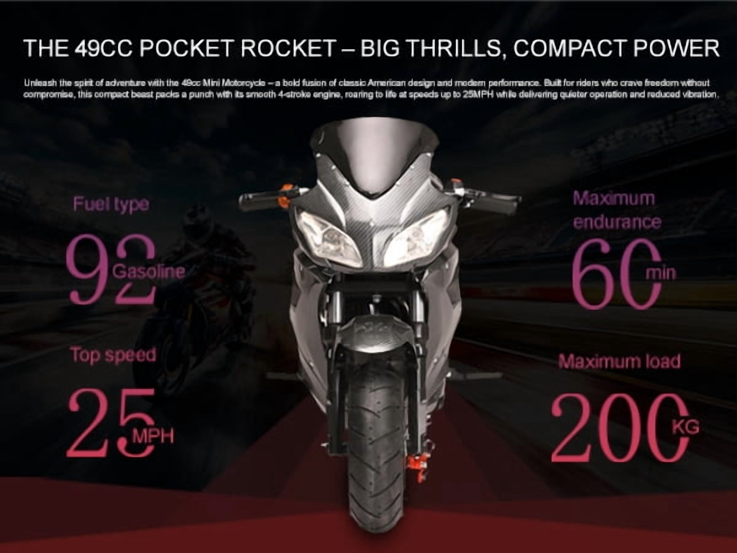 Korogimeeet Gas Powered Black Mini Street Bike 49cc 4-Stroke, Hand-Pull Start, Hydraulic Suspension, 6.5 Inch Tires, 25MPH Max Speed, 60 Min Range, 200kg, 47 x 28 x 22 Inch