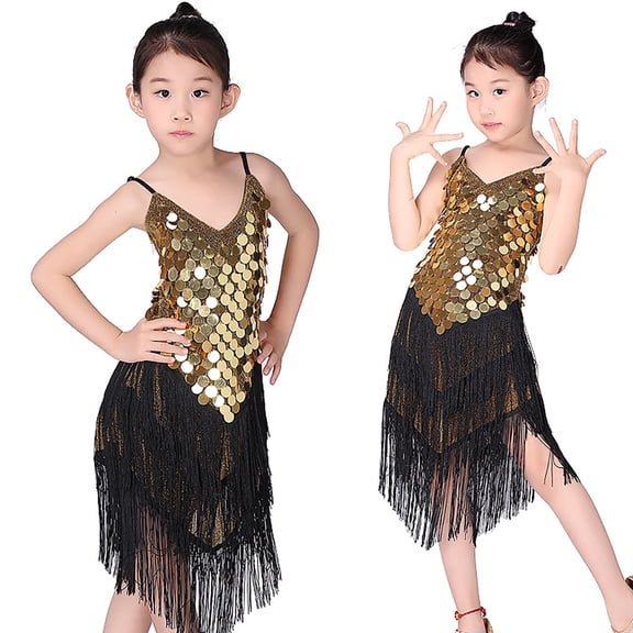 MUXiin Girl's Sequin Tassel Dress Latin Dance Skirt Sparkling for Kids Ballet Tango Rumba Dancewear 5-14 Years