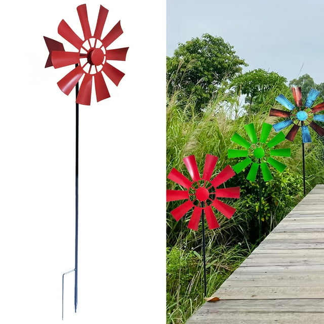 Moulin à Vent Sculpture en Métal 28 Pouces Ornement Décoratif pour Pelouse Extérieure, Rouge
