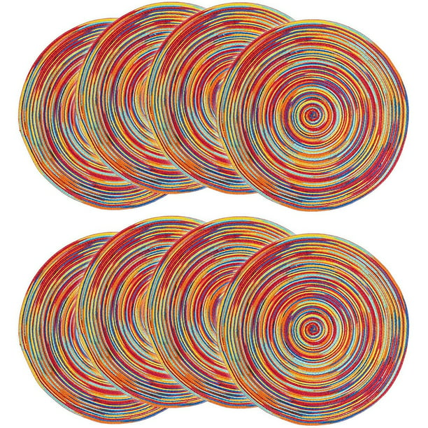 Colorful 15" Round Braided Fabric Placemats Set of 8 Dining Table Mat