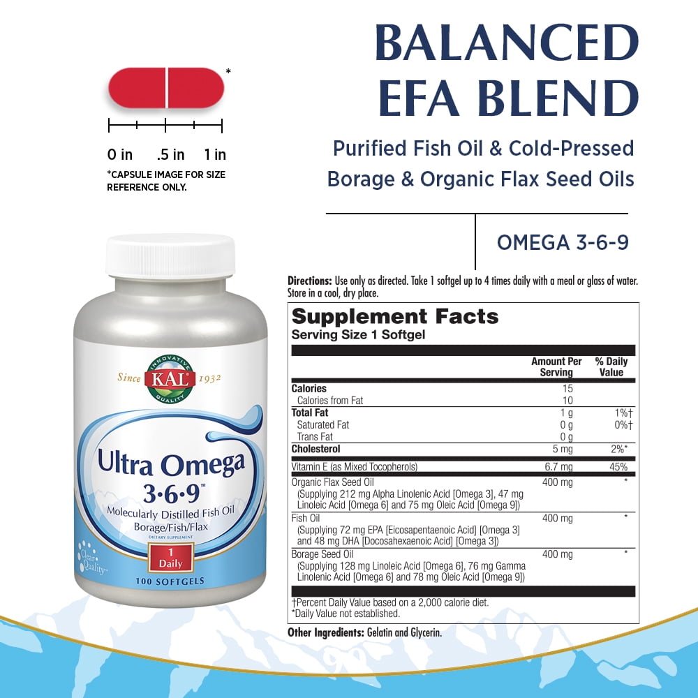 KAL Ultra Omega 3-6-9 1200mg | Fish Oil w/ Cold Pressed Flaxseed & Borage Oil | Skin, Hair, Heart, Memory | 100 Softgels