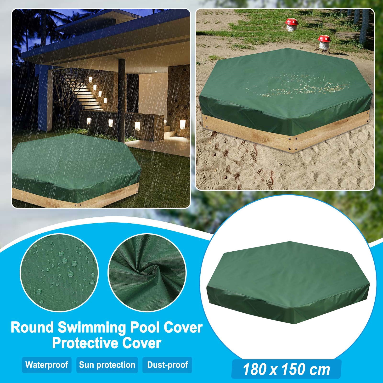 Sandbox Cover Hexagon 180 x 150cm / 71 x 59inch Oxford Cloth Waterproof Sandpit Pool Cover Green Anti UV Sandbox Protection Cover with Drawstring for Sandpit Toys Swimming Pool and Furniture 
