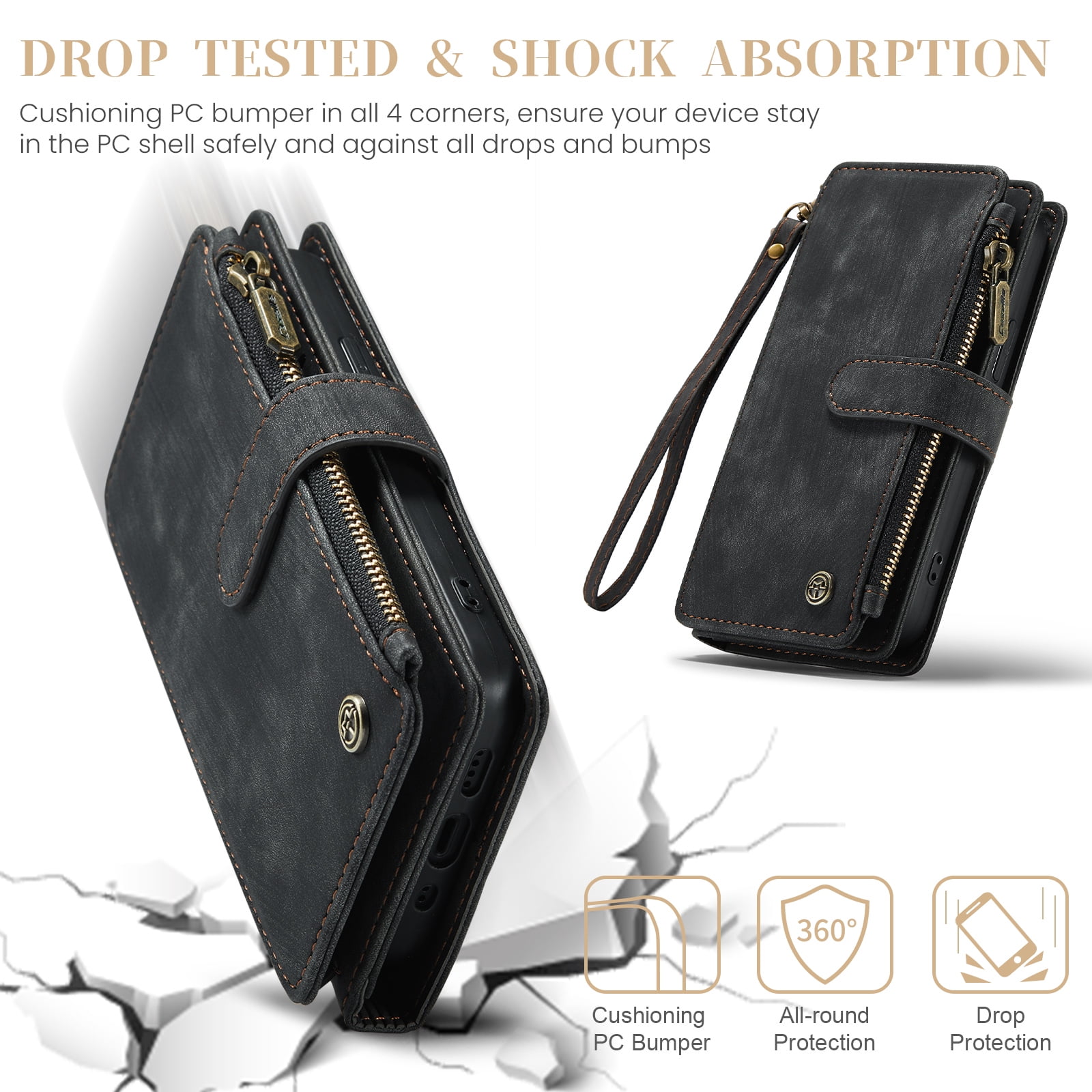 Dteck for iPhone 15 Pro Max Case with Card Holder, Premium iPhone 15 Pro Max Wallet Case for Women Men, Heavy Duty Durable PU Leather With Flip Zipper Pocket Phone Case w/ Wrist Strap Lanyard,Black