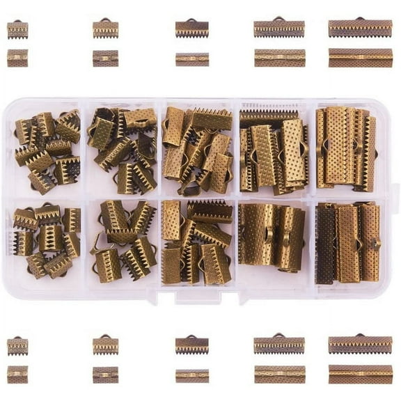 About 100 Pcs Iron Ribbon Bracelet Bookmark Pinch Crimp Clamp End Findings Cord Ends Fasteners Clasp Leather Crimp Ends Length 8mm 10mm 13mm 20mm 25mm for Jewelry Making Bronze