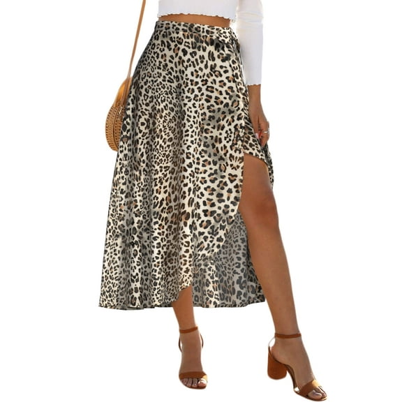 FLYCURVY Plus Size Women Skirts Leopard Boho Skirt High Low Split Wrap Skirts for Summer Beach
