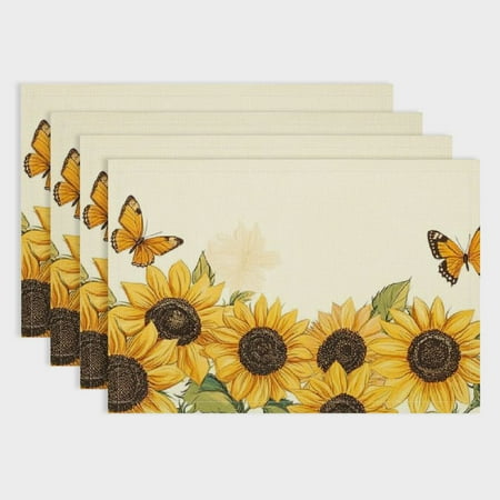 

Shiartex Sunflowers Butterfly Linen Placemat Set of 4 for Dining Tables Home Decor Heat-Resistant 4pcs 18x12in
