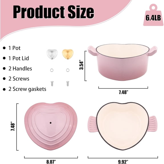 Mabeeze Heart-Shaped Enameled Cast Iron Dutch Oven – 2-Quart Casserole Pot with Lid, Gradient Pink