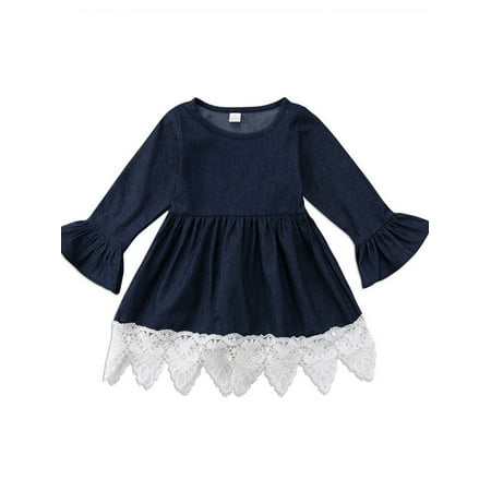 

MERSARIPHY Girl s Denim Dress Long Flare Sleeve Lace Splice Dress Wedding Party Princess Dress
