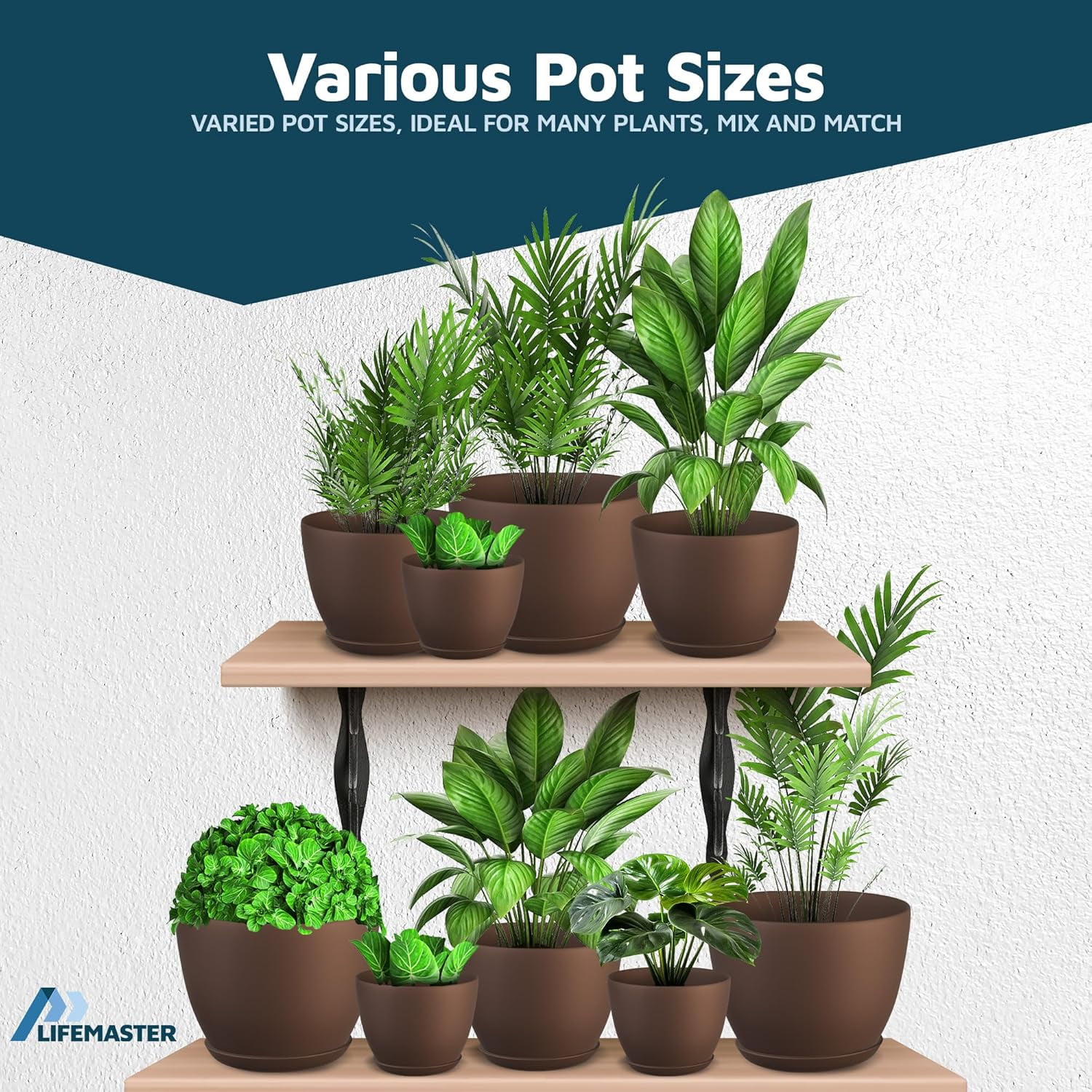 Brown Plant Pots with Drainage Holes & Saucers 3 Packs, Indoor & Outdoor Stackable Plastic Planters in Multiple Sizes for Houseplants & Flowers, Durable & Weatherproof Materials, Matte Finish