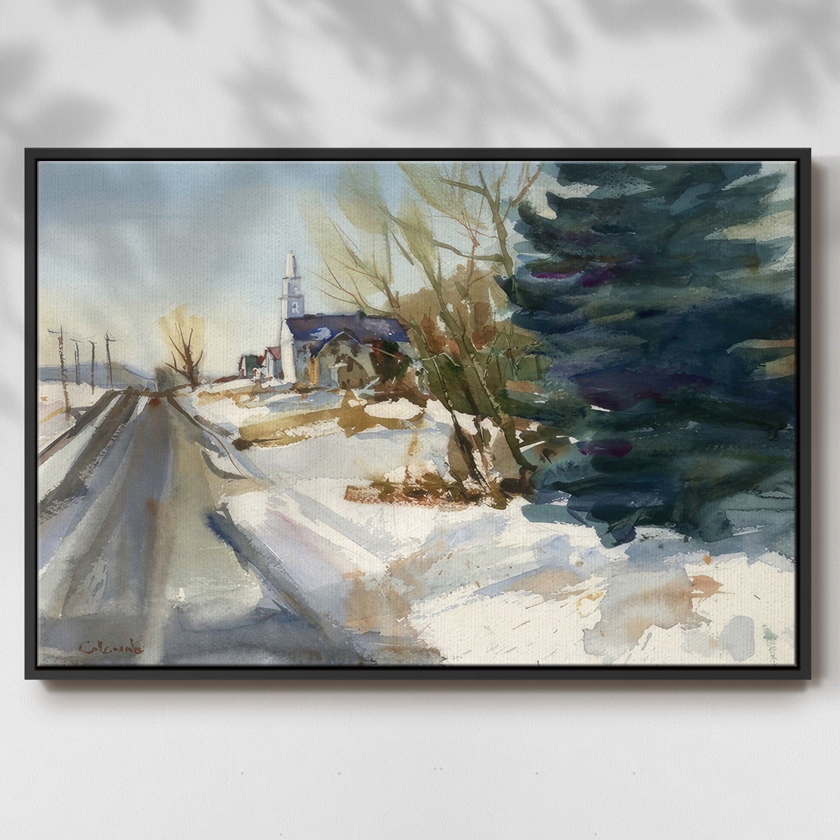 Congregational Church in Winter - Framed Gallery Wrapped Holiday Canvas - 27 x 41 - Black Frame