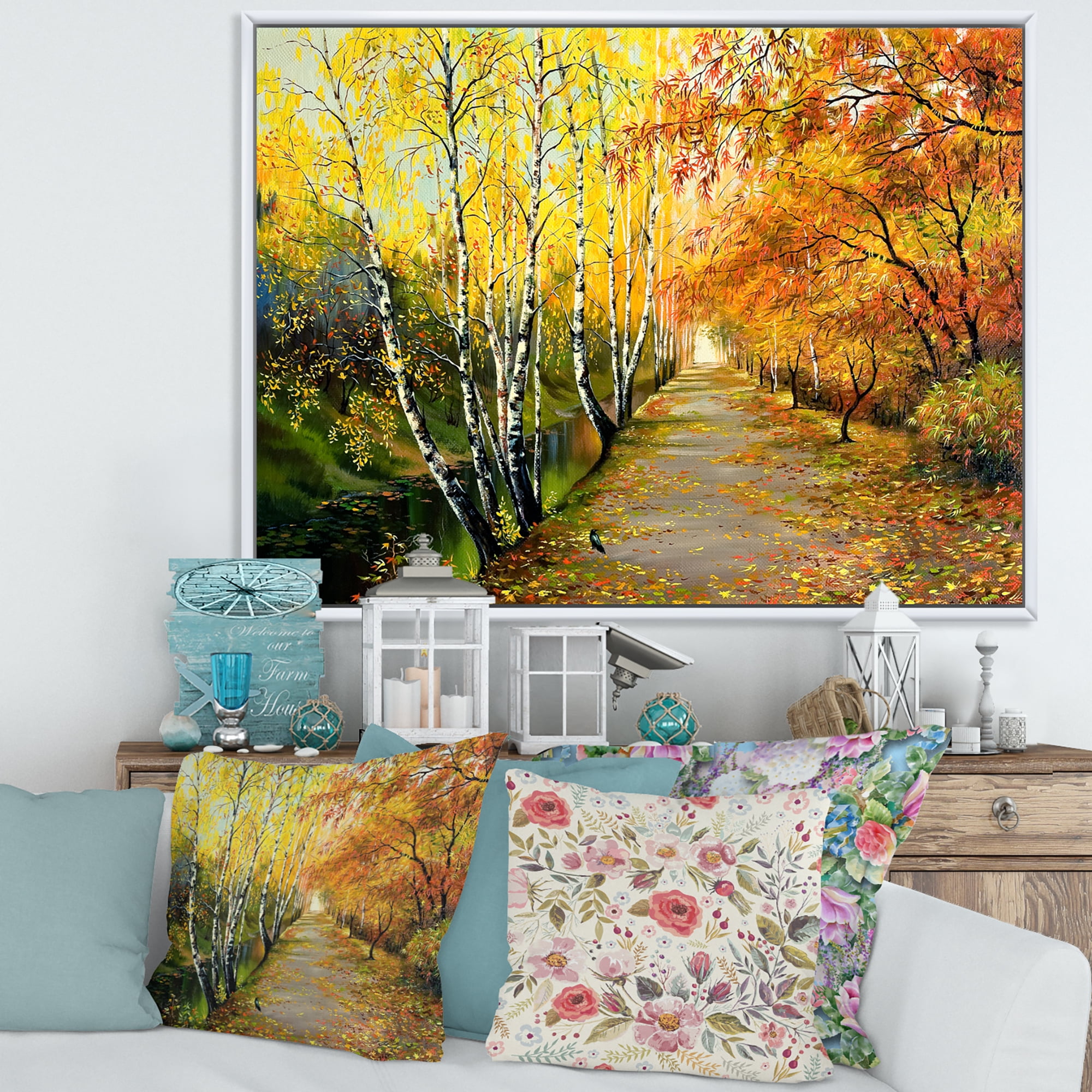 Designart 'Path Through The Autumn Woods Along River' Traditional Framed Canvas Wall Art Print