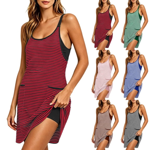 Tqcoqu Women's Striped Sleeveless Tank Dress Jumpshort, Color‑Contrast Pockets Built‑In Shorts Casual Summer Romper