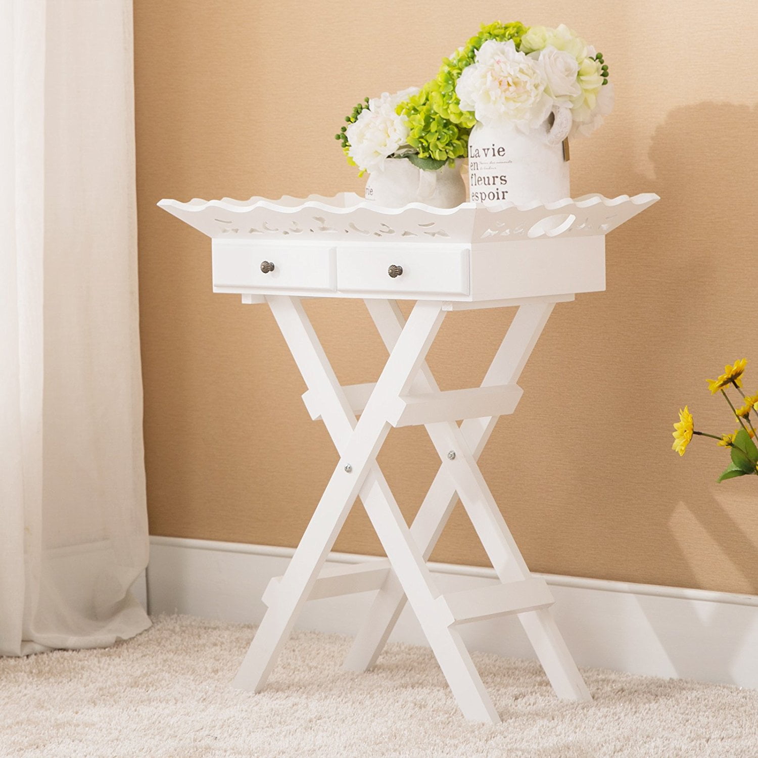 Uenjoy Shabby Cottage Portable Folding Stand Tray Table White Elegant w