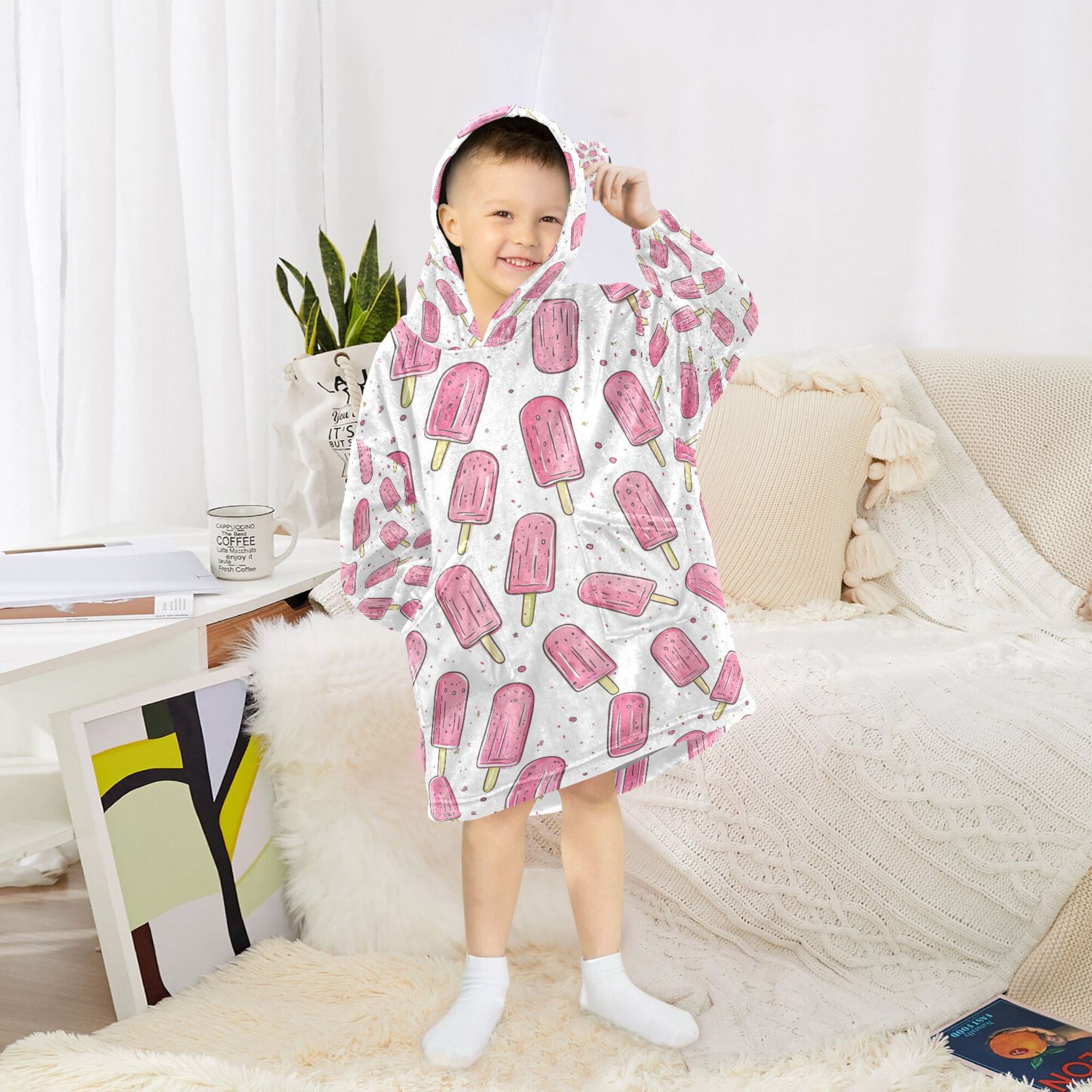 FORMRS Wearable Blanket Hoodie with Sleeves for Kids Cozy Flannel Sweatshirt, Pink Popsicle Pattern