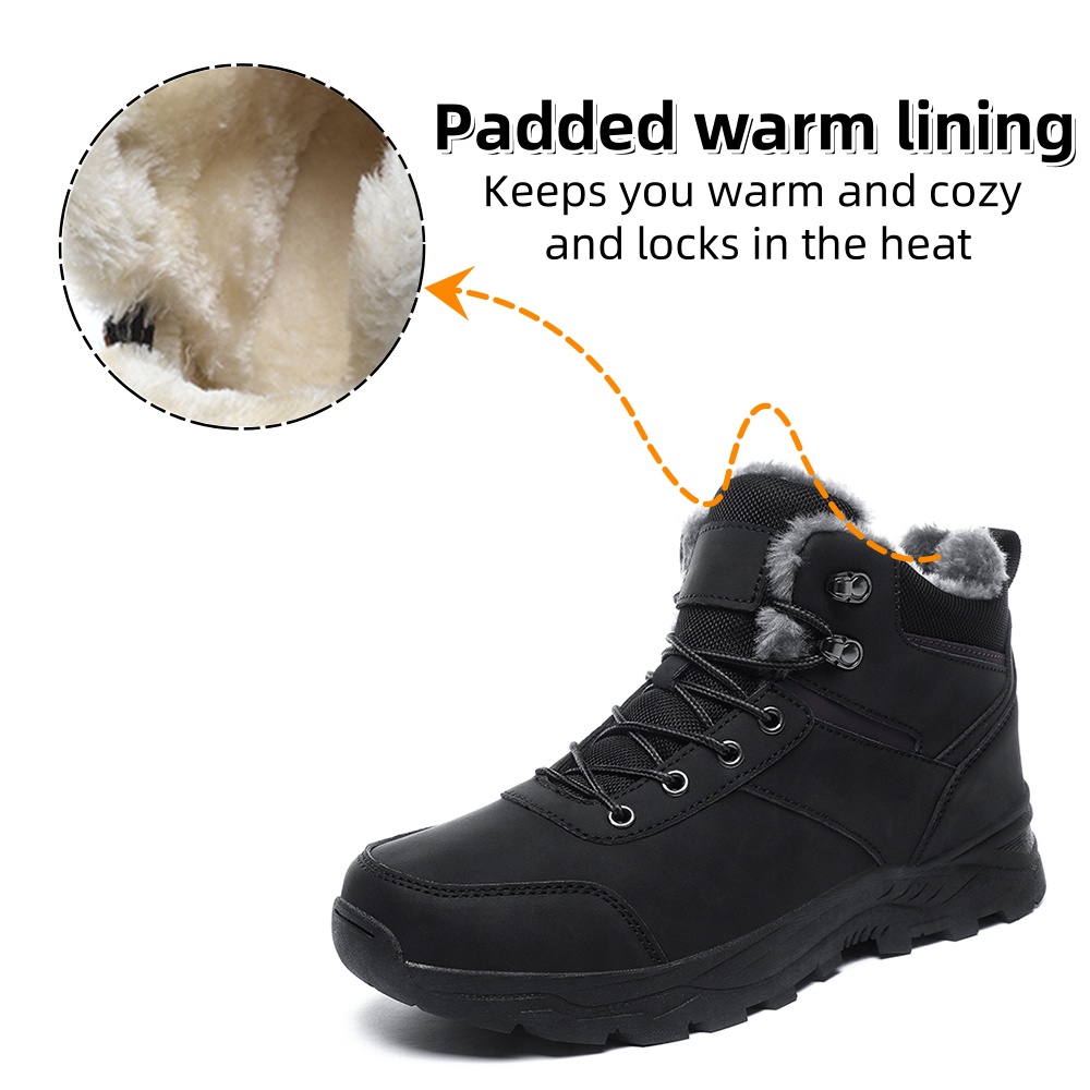 Men's Snow Boots Winter Outdoor Shoes Warm Fur Lined Hiking Waterproof Anti-Slip Lightweight Ankle Booties Black 11 US