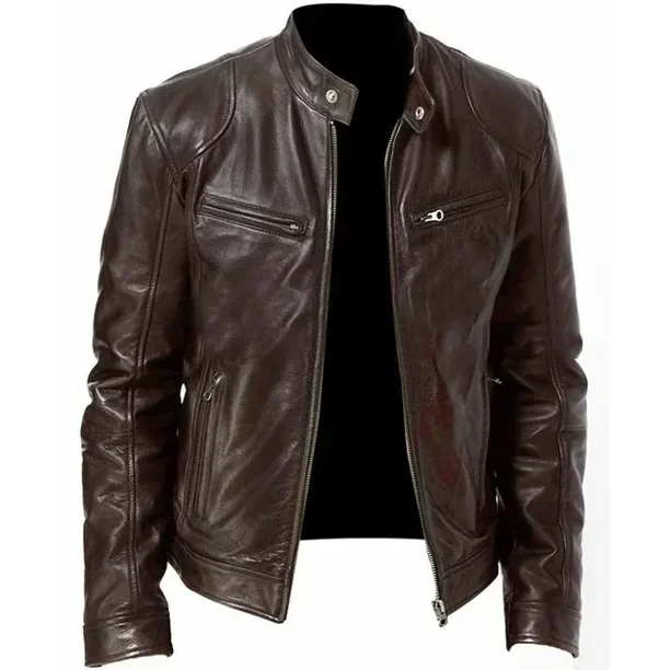 Chaqueta de cuero para motocicleta para hombre, chaquetas ajustadas de PU con solapa, abrigo de cuero informal a prueba de viento con cremallera para otoño e invierno, ropa para hombre