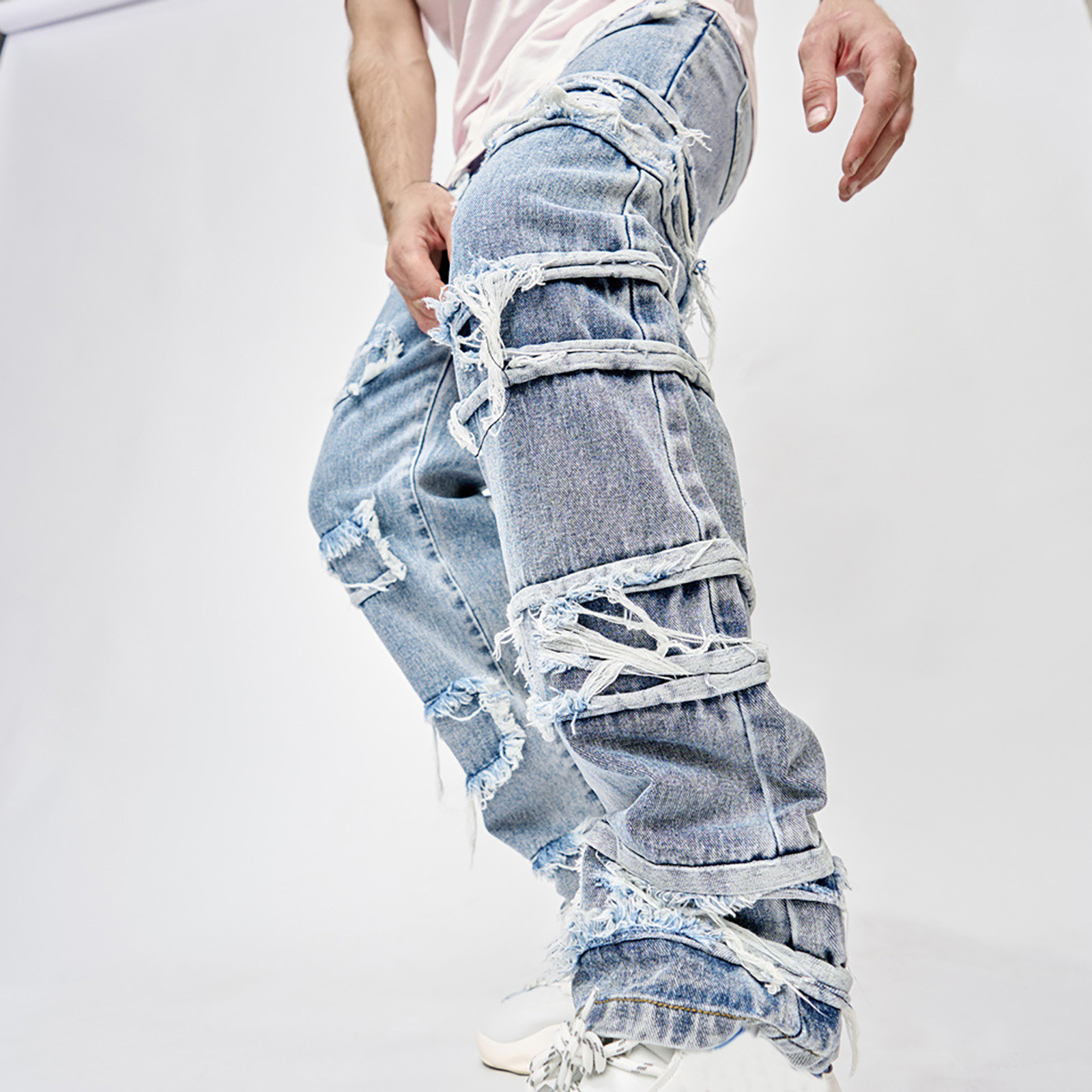 【HI FI FNK】Peer Destroyed Denim Men's Slim Fit Ripped Jeans Regular Fit Denim Pants with