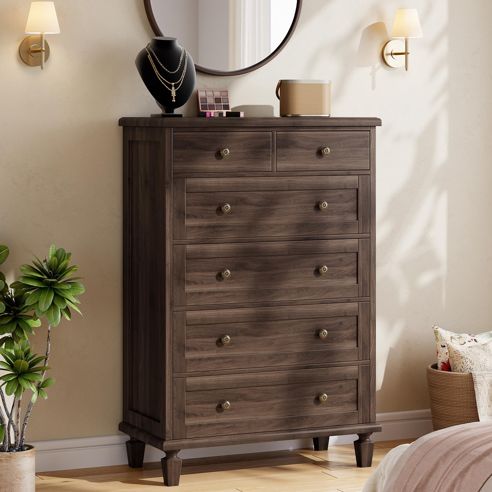 Mid-Century Modern 6 Drawer Dresser – Tall Wood Chest with Carved Handles Tapered Legs Spacious Storage – Distressed Finish – Ideal for Bedroom Living Room Entryway