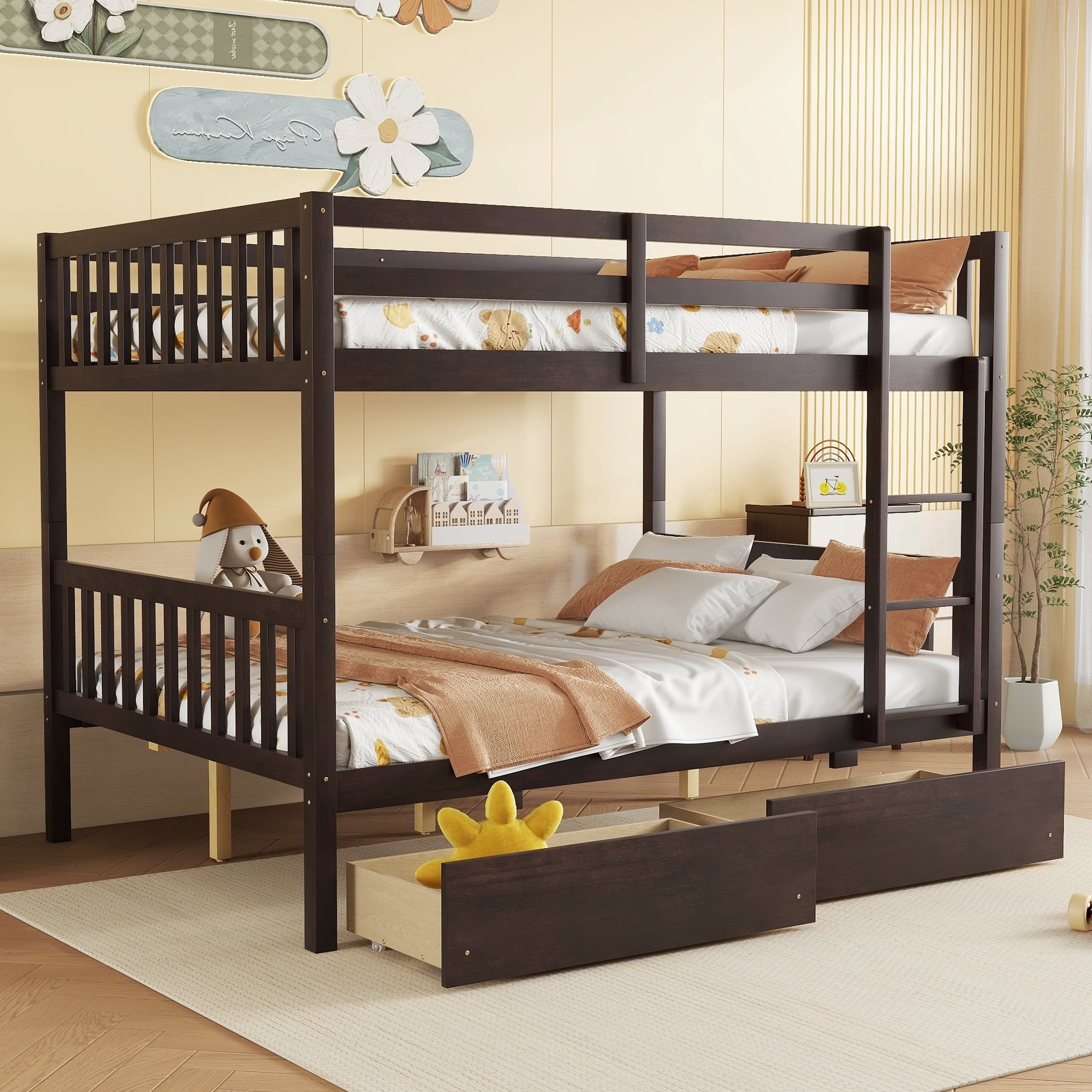 Sailvan full Over full Rubber Wood Bunk Bed with 2 Drawers, Convertible into 2 full Beds with Ladder