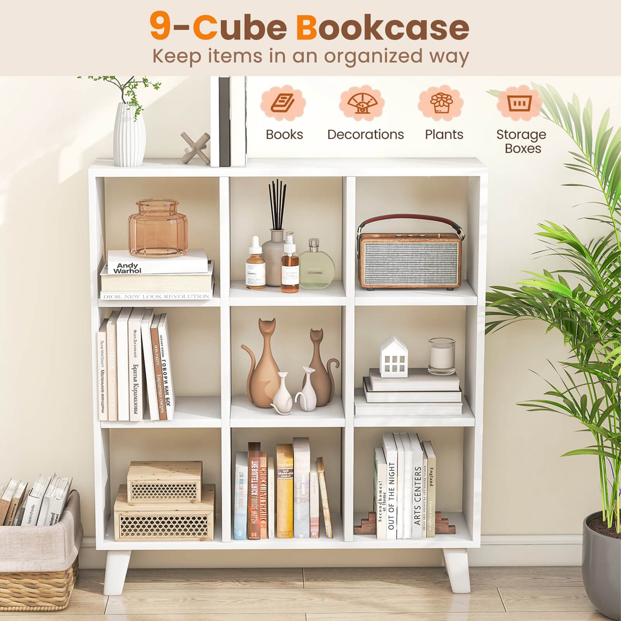 Costway 2 PCS 9-Cube Bookcase with 6 Removable Shelves Raised Support Feet for Living Room White