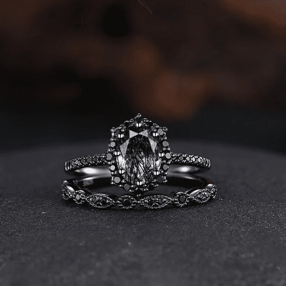 Vintage Oval Cut Black Rutilated Quartz Engagement Ring Set- 14K Black Gold Vermeil- Art Deco Wedding Bridal Ring Set