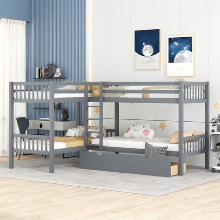 Quad Bunk Beds with Storage Drawers  Wooden L-Shaped Twin Over Twin Bunk Beds for 4 Kids/Teens/Adults(Gray)