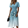 thumbnail image 3 of Women's V Neck Short Sleeve Dress Vintage Floral Print A Line Midi Casual Summer Outfit Flowy Lightweight Party Wear Vacation Going Out Chic Womens Dress Light Blue S, 3 of 6