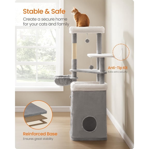 Cat Tree, 60-Inch Cat Tower, Multiple-Level Plush Condo with 2 Caves, 3 Scratching Posts, 3 Perches, Dove Gray UPCT007G01