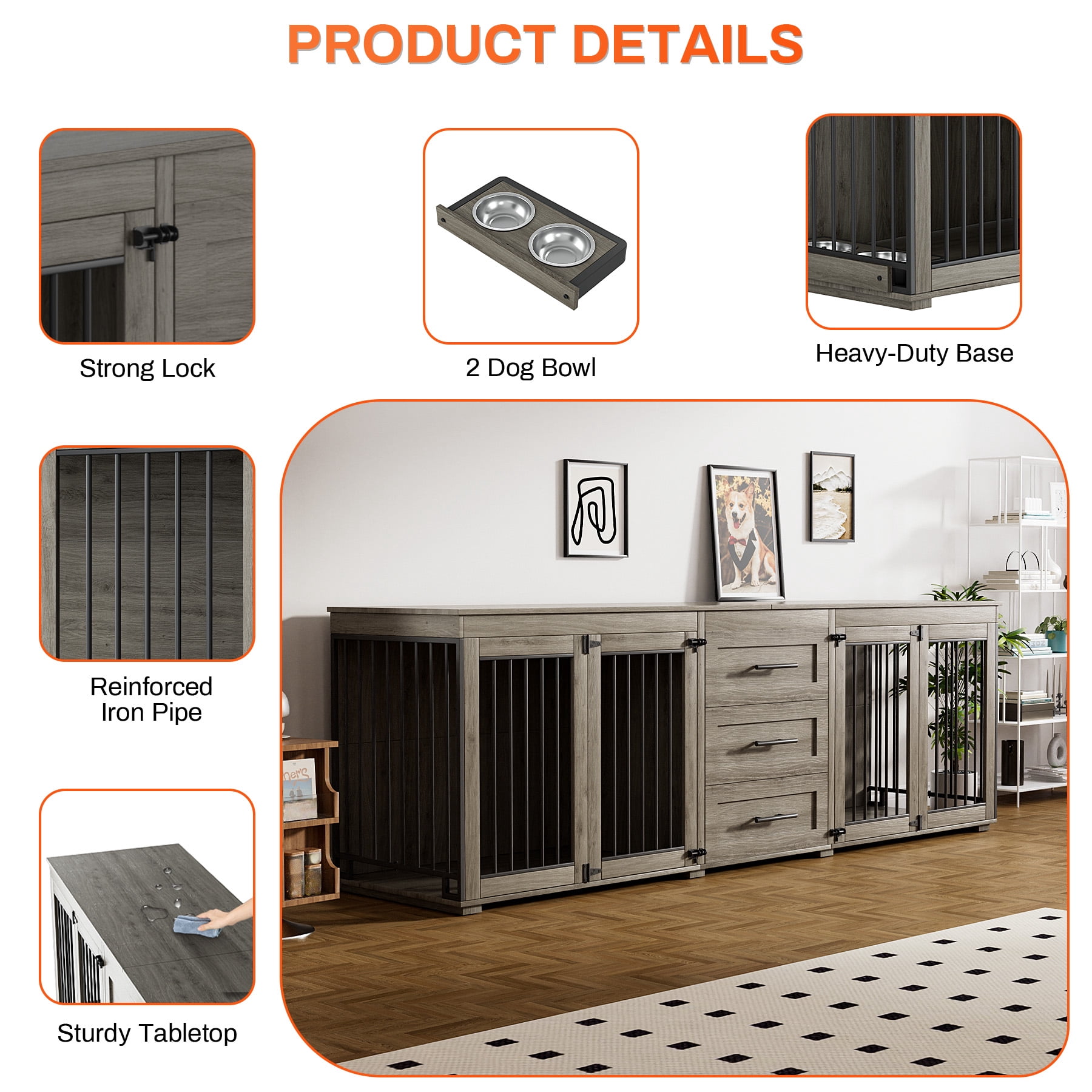 Rophefx 95.4" Dog Crate Furniture for 2 Dogs,Large Kennel with 3 Drawers and 4 Bowls,Wooden Heavy Duty Indoor Dog House,Grey
