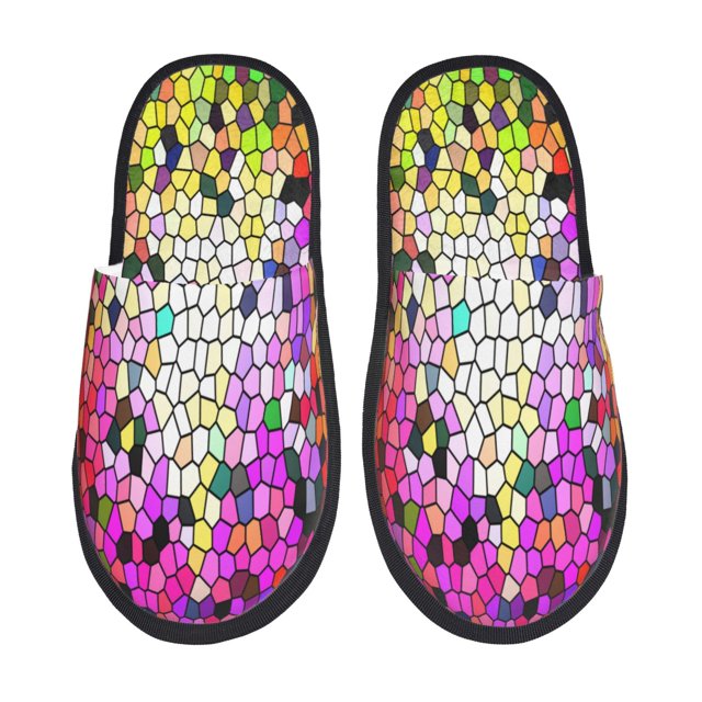Fotbe Colorful Tie Dye Stained Glass 3 Pantuflas Peludas para Mujer con Estampado, Zapatillas de Peluche, Zapatos de Invierno para Casa, Uso Interior y Exterior-Large