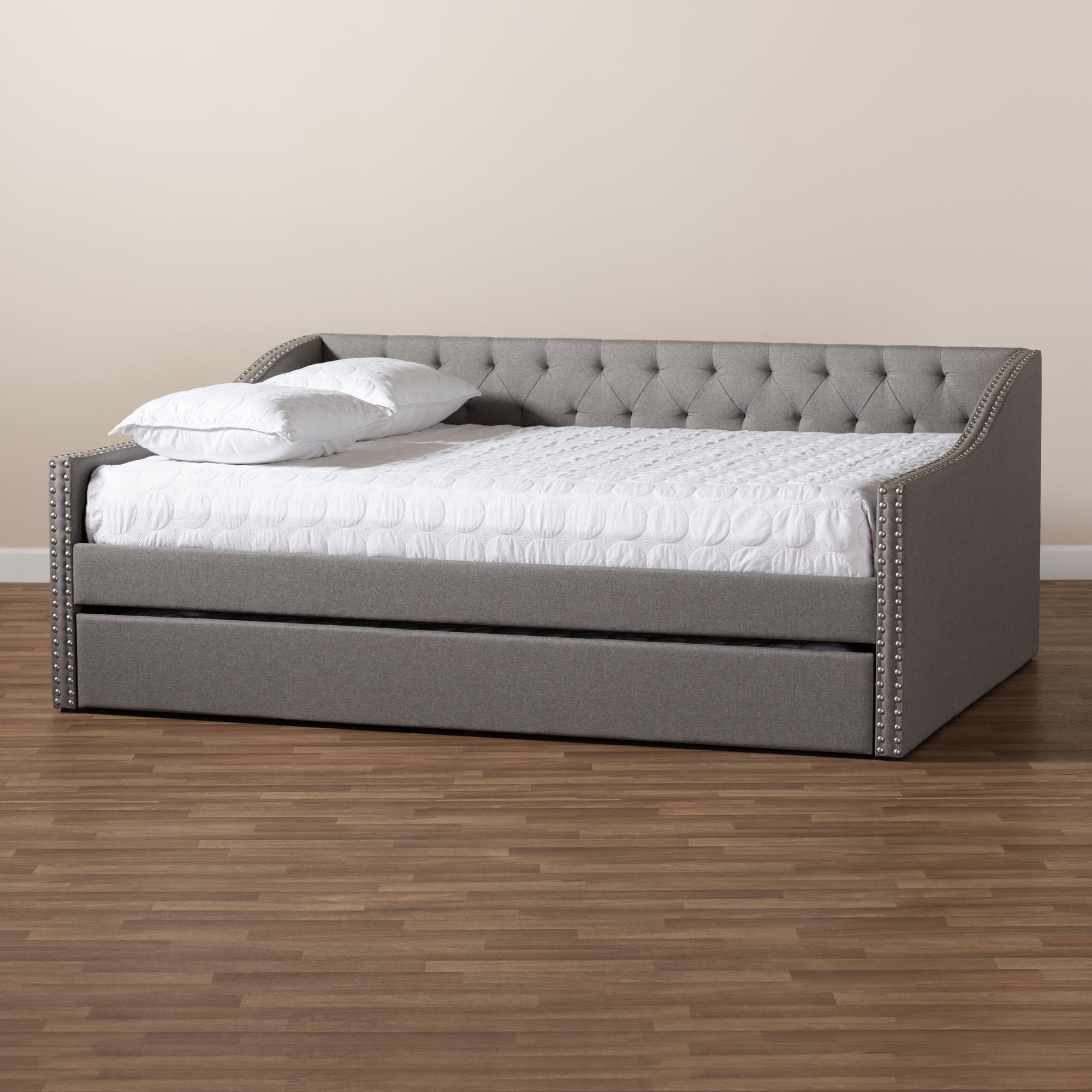 Baxton Studio Haylie Light Gray Upholstered Full Size Daybed with Roll-Out Trundle Bed