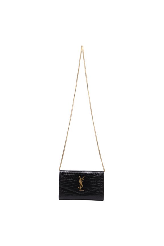 Pre-Owned Saint Laurent Uptown Croc-Embossed Chain on Wallet in Black Leather