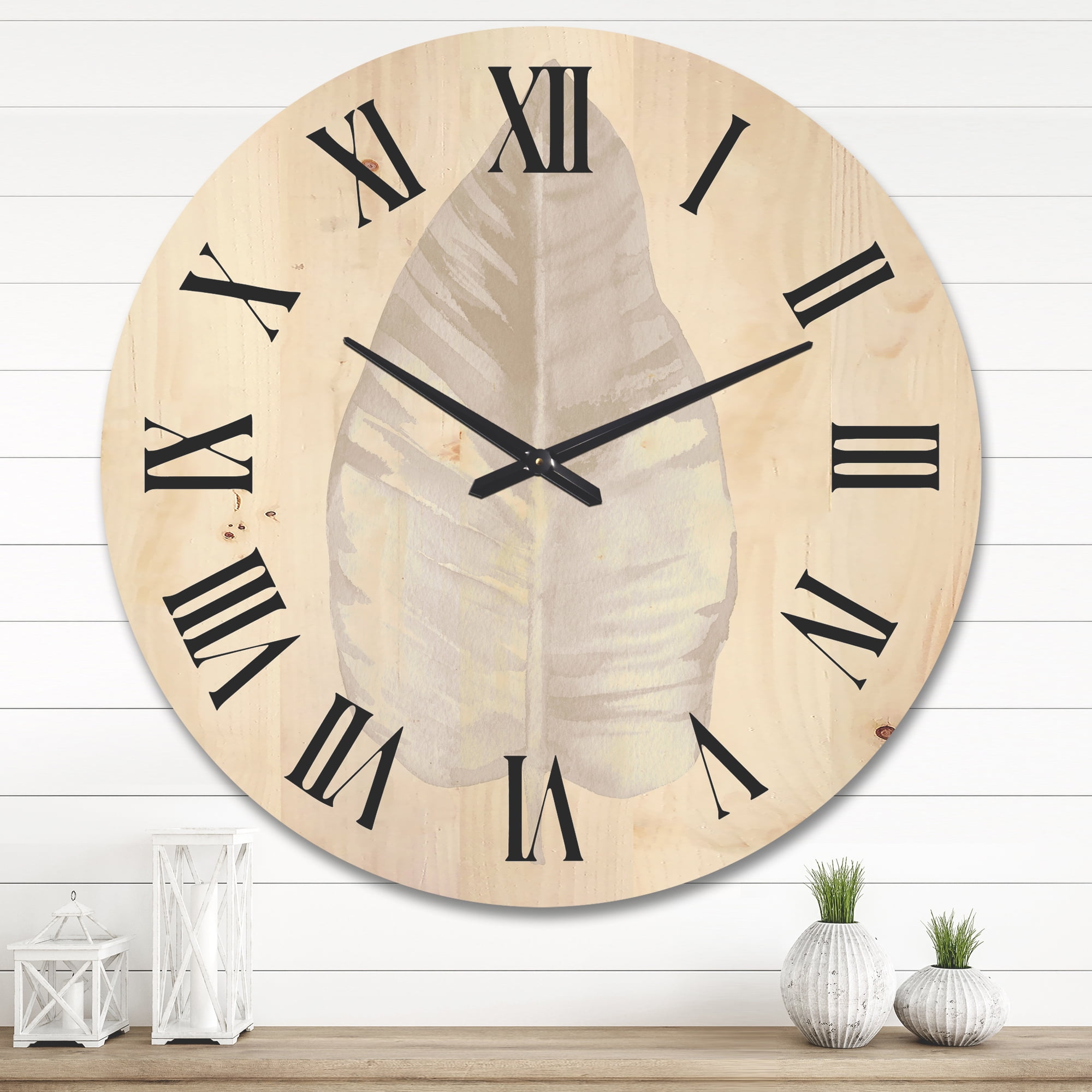 Designart 'Dried Leaf Plant Beige On White Background' Traditional Wood Wall Clock