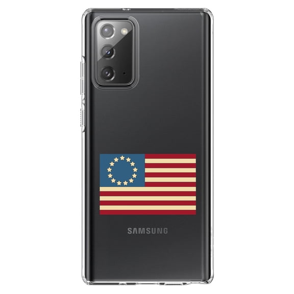 DistinctInk Clear Shockproof Hybrid Case for Samsung Galaxy Note 20 (6.7" Screen) - TPU Bumper Acrylic Back Tempered Glass Screen Protector - USA Colonial Flag Red White & Blue