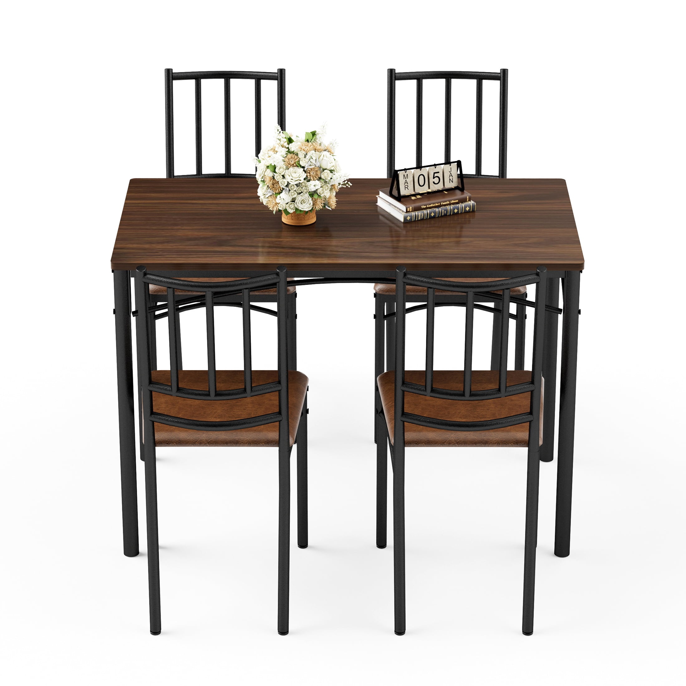 PORKISS 5-Piece Small Space Dining Set, 1 Table and 4 Chairs, Wood and Steel, Dining Table Set for 4 with Comfortable PU Seats, Walnut+Black