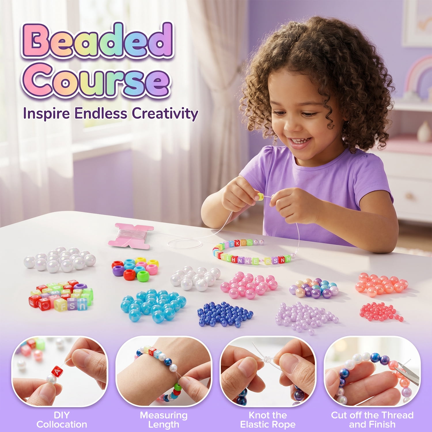 FUJILI Unicorn DIY Bead Jewelry Kit for Girls, Bracelet and Necklace Making Set with Mirror, Elastic Cord & Colorful Beads, Creative Craft Toy Gift for Ages 8-12