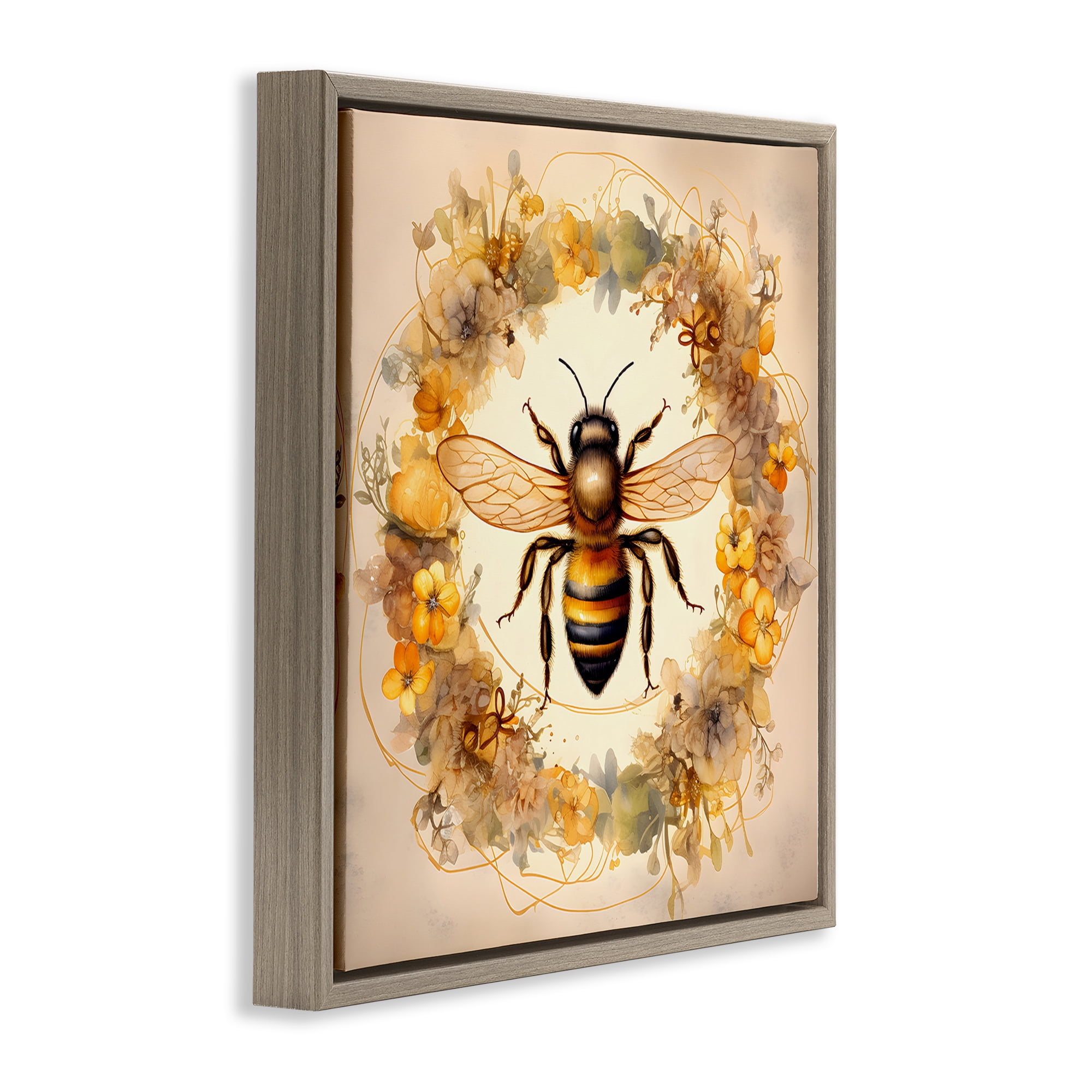 Stupell Industries Country Bee Wreath Animals & Insects Painting Brown Floater Framed Canvas Art Print Wall Art, 18 x 18