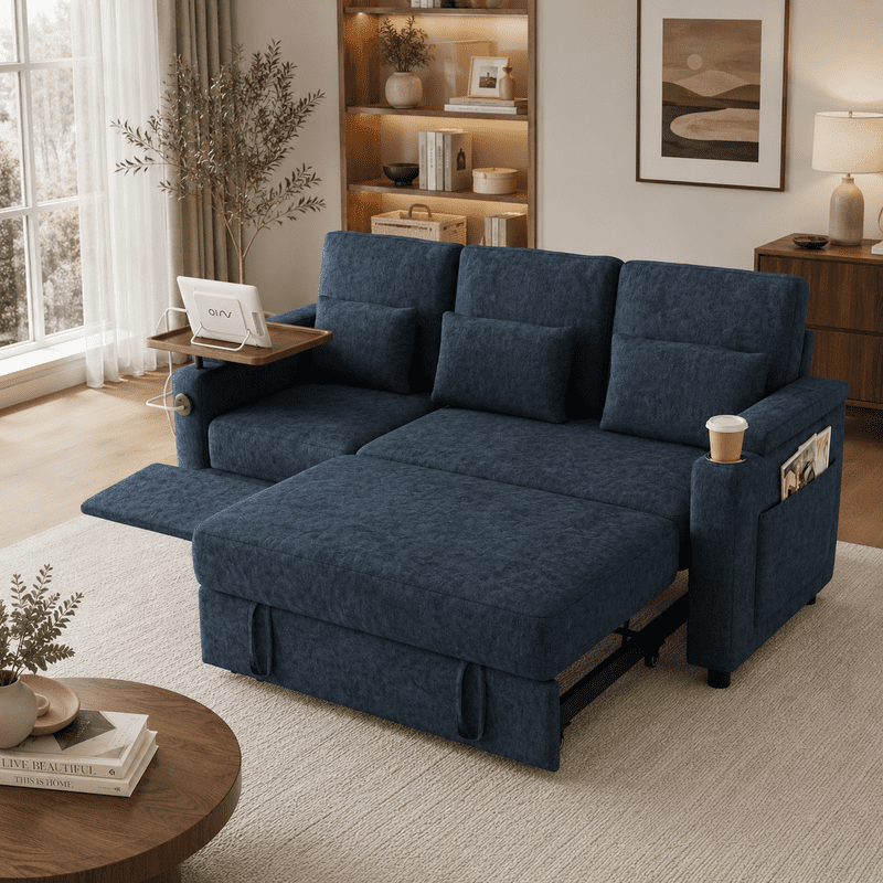 3-in-1 Convertible Sofa Bed, 3-Seater Chenille Couch with Adjustable Backrest, USB Charging Ports, Table Board and Storage Armrests, 81'' Foldable Sleeper Sofa for Living Room
