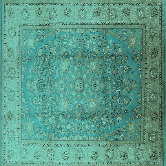 Ahgly Company Machine Washable Indoor Square Oriental Turquoise Blue Traditional Area Rugs, 4' Square