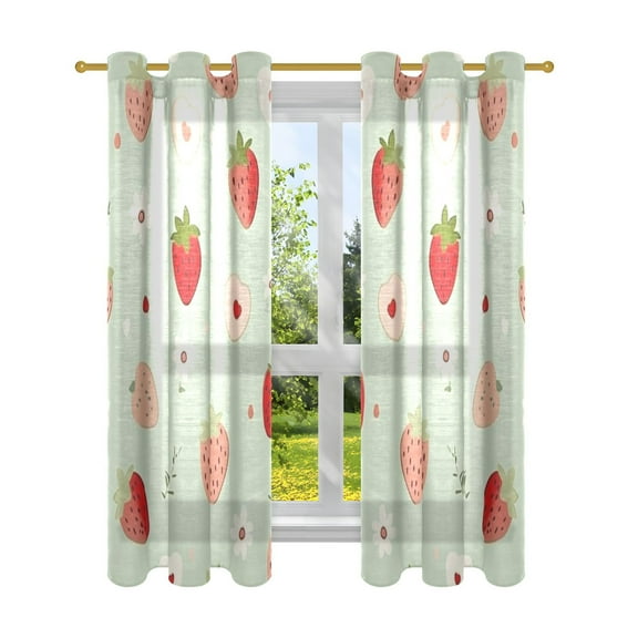 Strawberries and Love on Green Semi Sheer Curtains for Living Room Bedroom Set of 2 Insulated Window Drapes