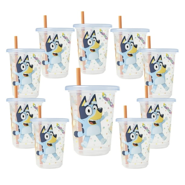 The First Years Bluey Take & Toss Vasos con pajita para niños pequeños, vasos para sorber a prueba de derrames con tapas y pajitas a presión, regalos Bluey y suministros para fiestas Bluey, 10 onzas,