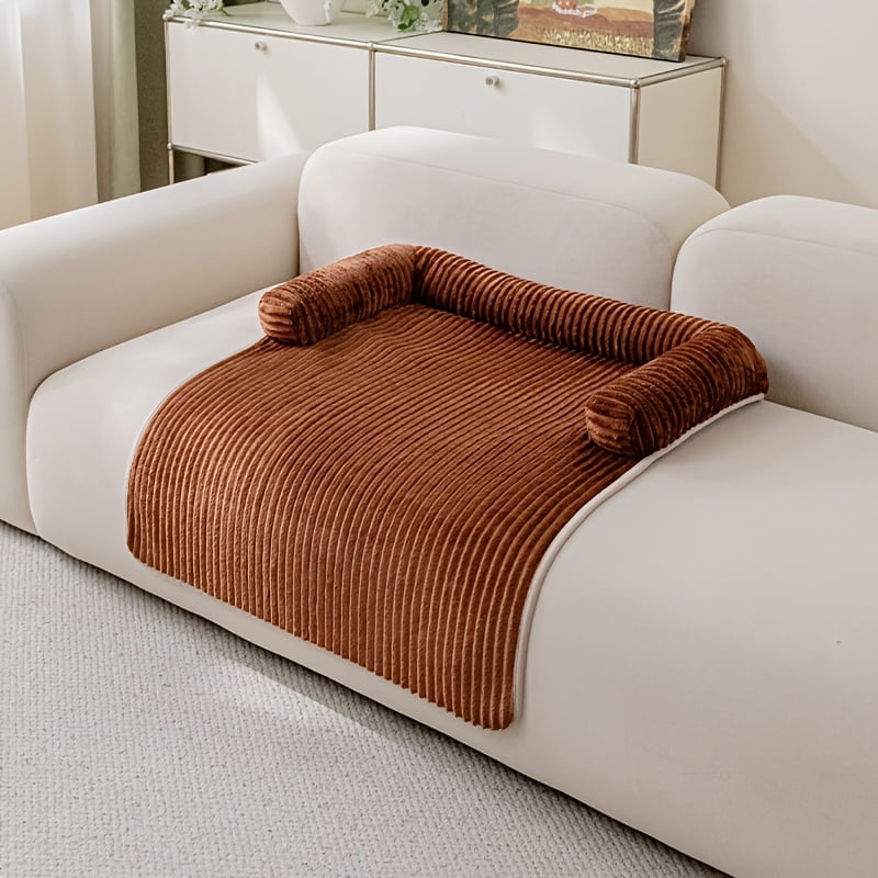 1pc Striped Synthetic Short Fur Pet Sofa Bed with Three-Sided Cushions for Comfortable Cat Mattress Water-Soluble Furniture Protector Pad for Living Room Use