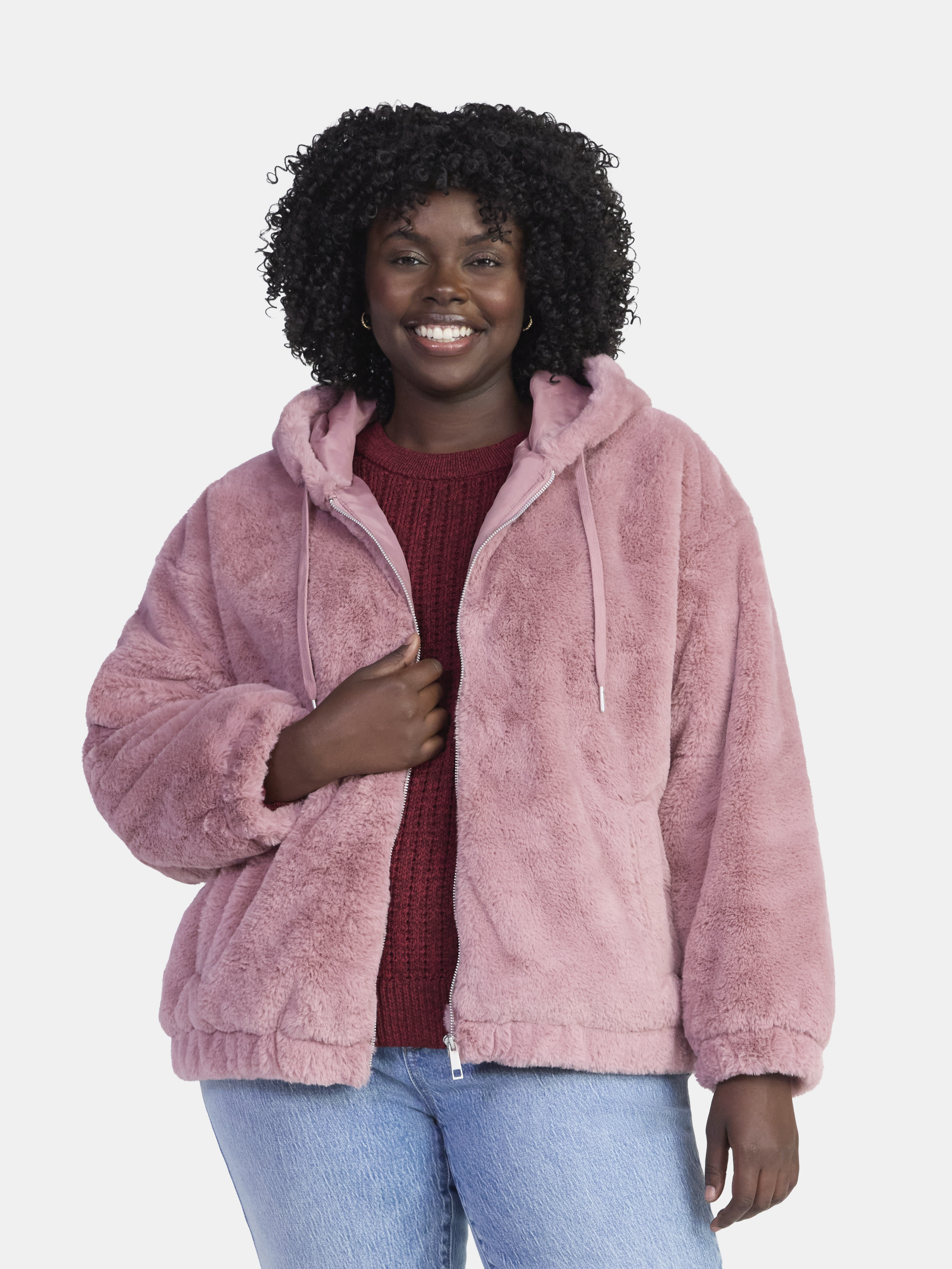 Time and Tru Women's and Women's Plus Faux Fur Hoodie Jacket, Sizes XS-2X