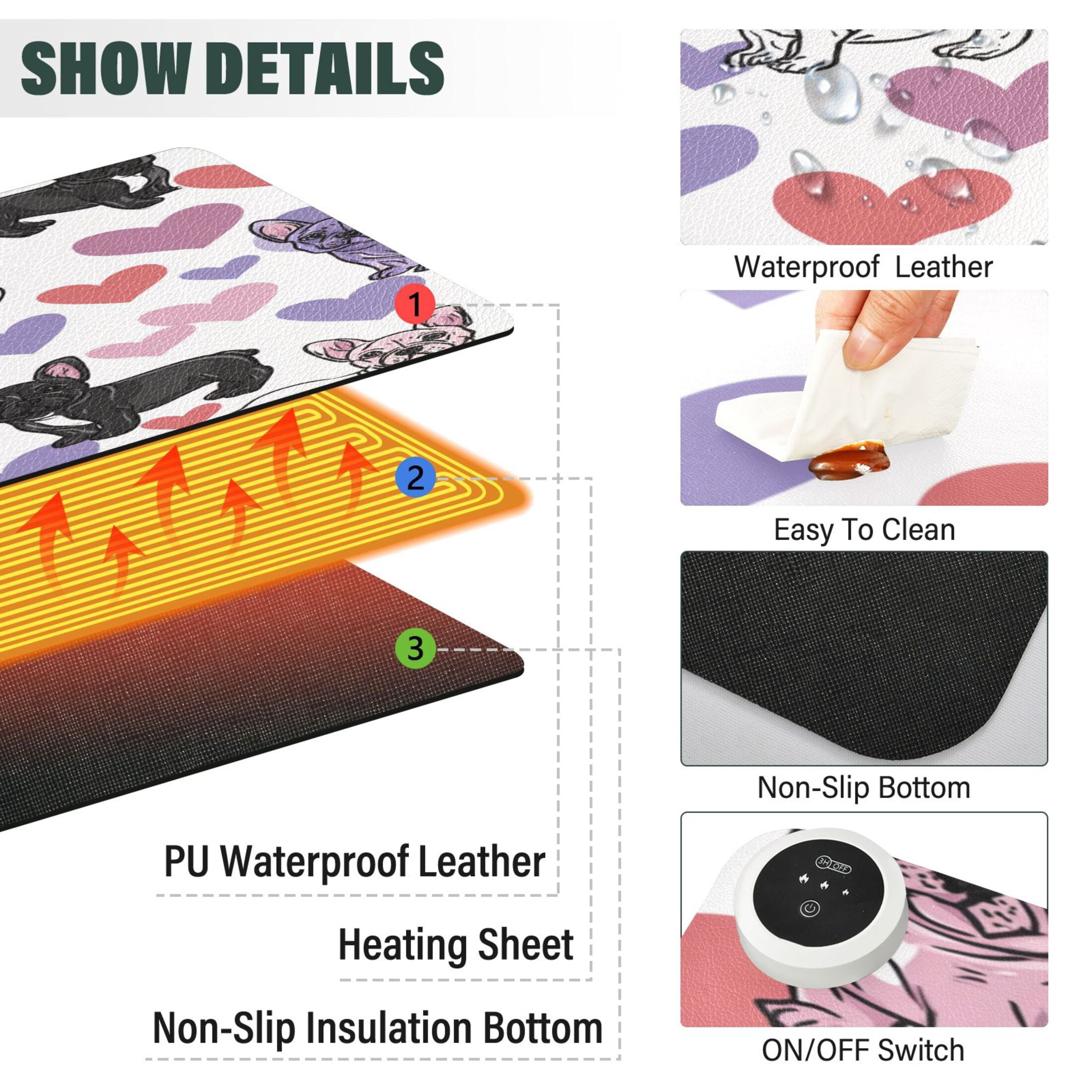 Large Heated Desk Mat Mouse Pad 31.5"x13"PU Leather Graphene Heating Desk Warmer with 3 Temperature Settings 110V US Plug Non-Slip Warm Pad for Home, Office, and Gaming Cute Frenchie Heart Background