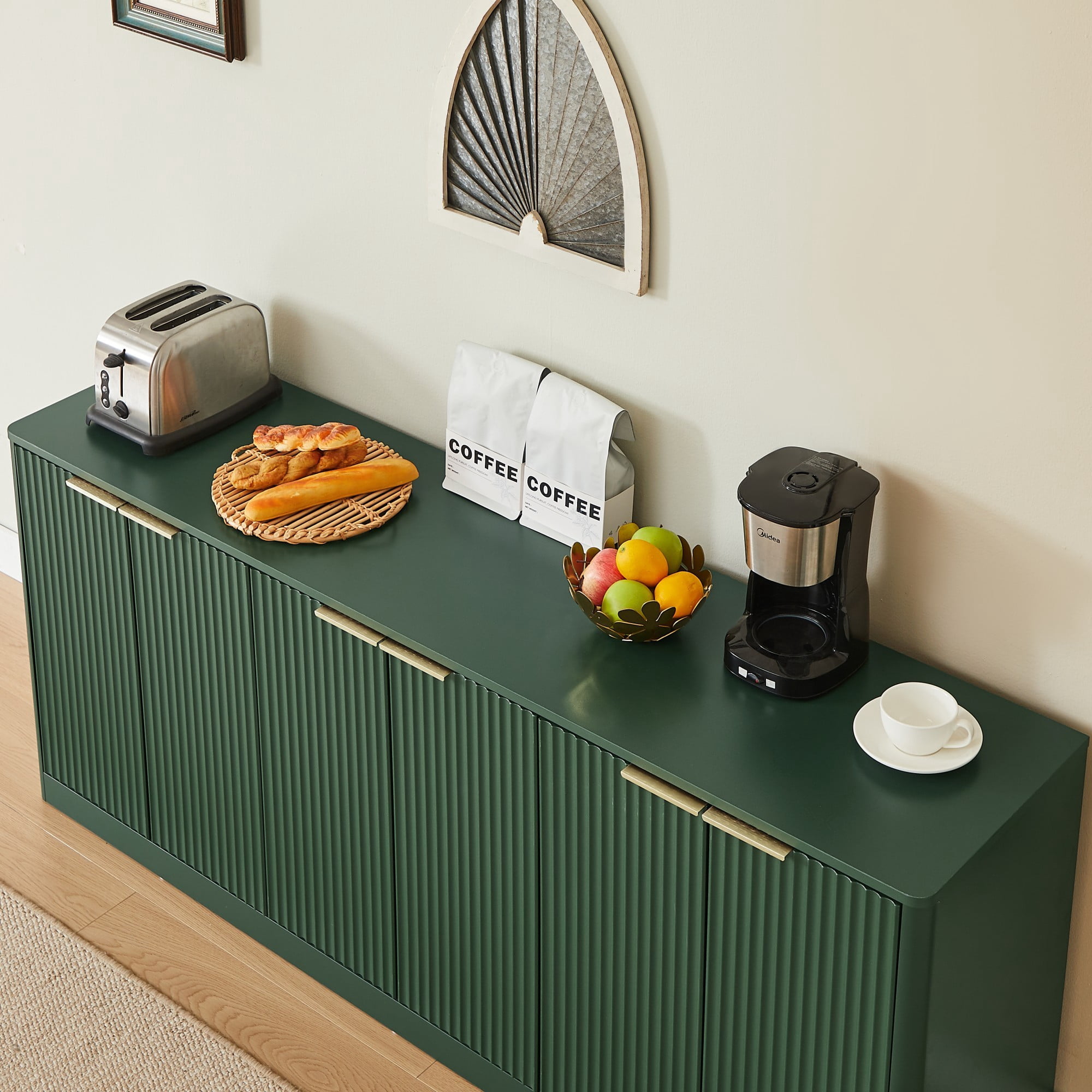 67" Modern Wavy Sideboard Cabinet, 6-Door Curved Storage Cabinet, Large TV Stand Buffet Console for Living Room Kitchen, Green