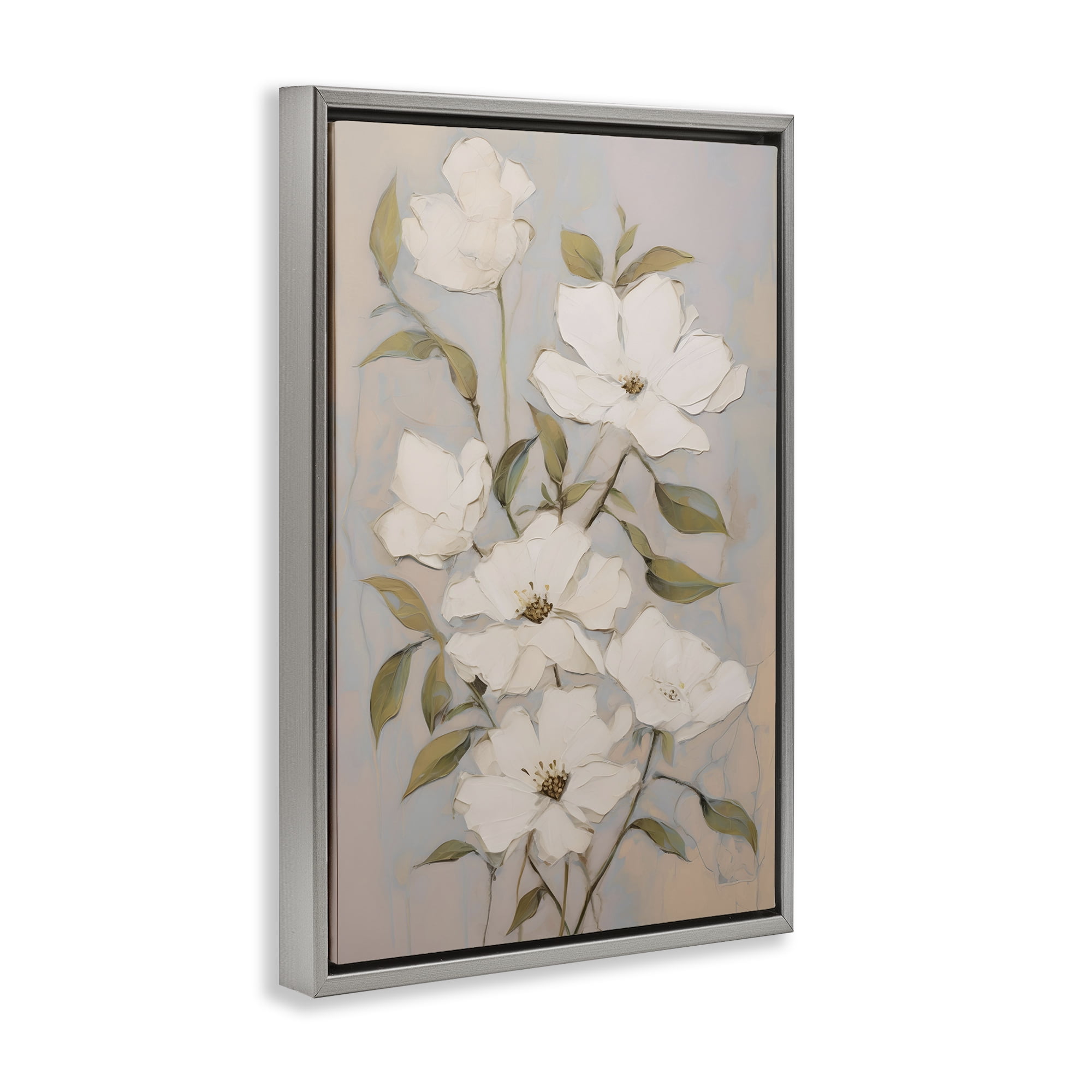 Stupell Industries Pearly White Flowers Botanical & Floral Painting Gray Floater Framed Art Print Wall Art, 17 x 25