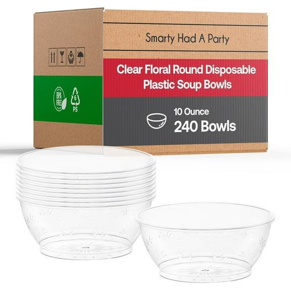 Smarty Had A Party 240 Elegant Disposable Plastic Bowls, 10 oz Heavy Duty Fancy Round Clear Salad and Soup Bowls, Party Dessert Set for Weddings, Christmas, and All Occasions